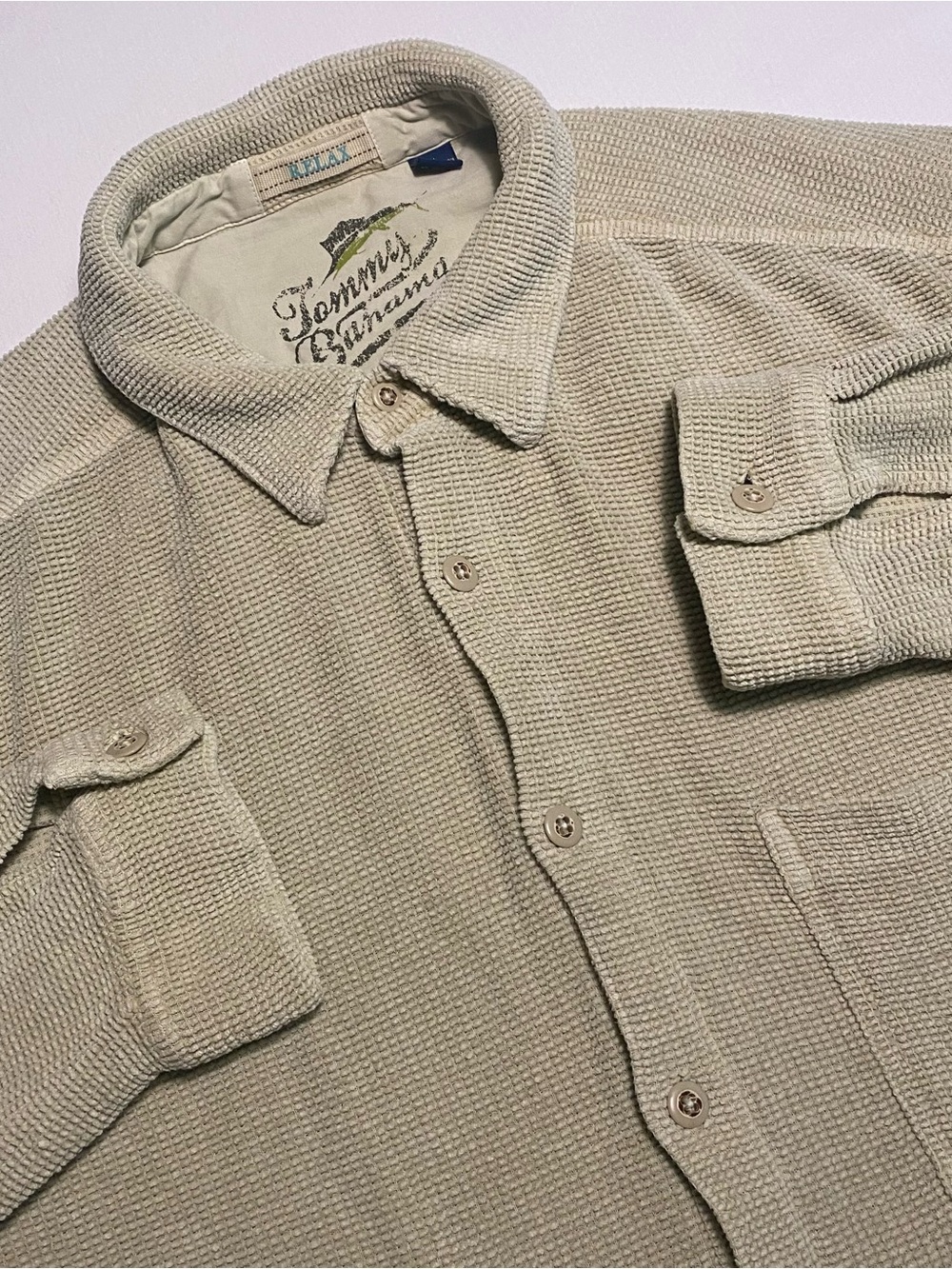 Tommy Bahama Relax Button Up Men XL Thick Heavy Waffle Hawaiian Surf Beach Cali